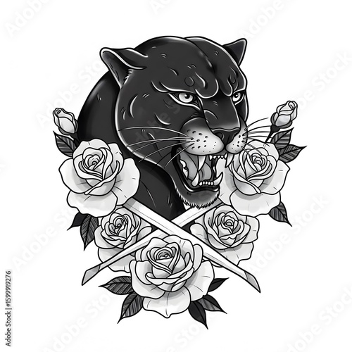 Wallpaper Mural Dynamic Black Panther Tattoo Design with Roses and Swords Evoking Power and Elegance Torontodigital.ca