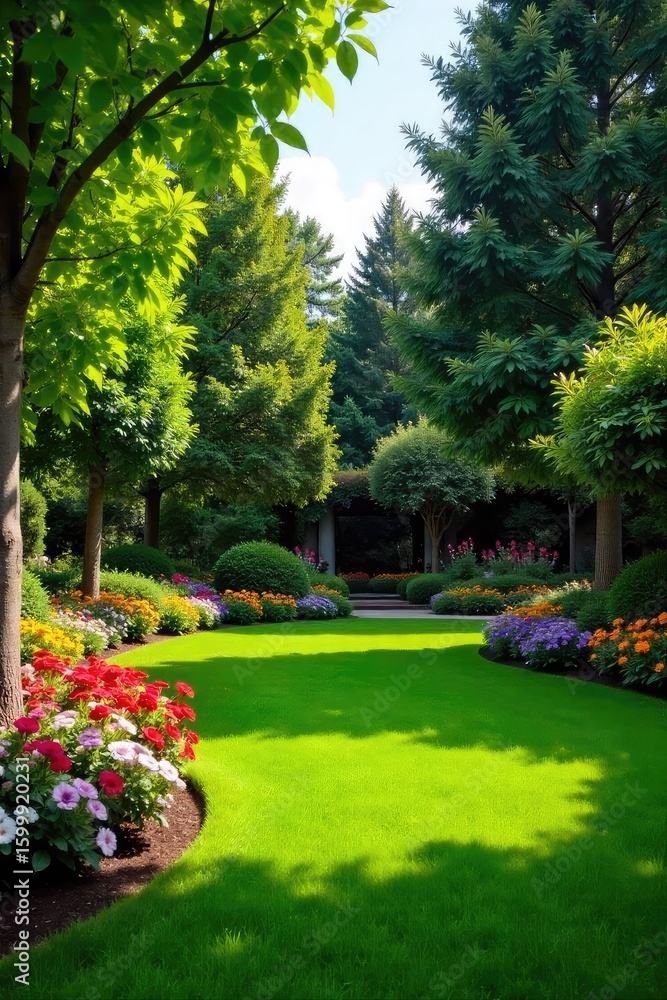 Fototapeta premium Serene backyard oasis featuring lush green lawn, vibrant flowerbeds, and mature trees creating a peaceful and inviting atmosphere Perfect for relaxation and outdoor entertaining , flowers, house