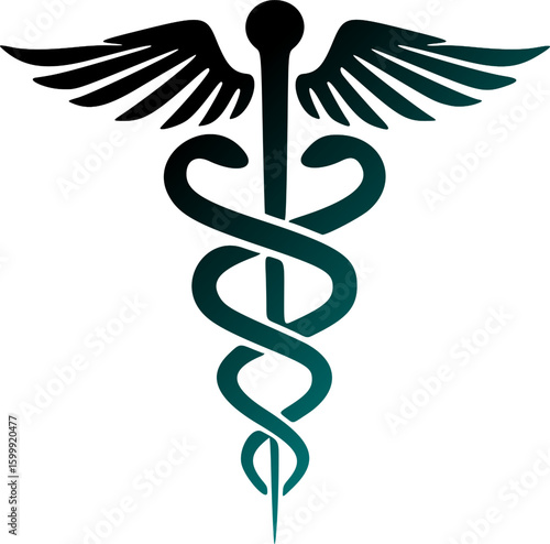 A stylized caduceus, a medical symbol, featuring intertwined snakes and wings, rendered in dark teal and black.