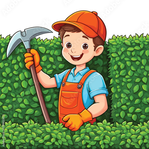 Cartoon Illustration Of A Cheerful Young Gardener With A Trimming Tool Ready To Prune A Lush Green Hedge Conveying A Sense Of Youthful Energy And Outdoor Work In A Vibrant Style