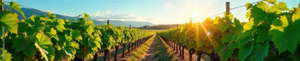 Naklejka premium Sun-drenched rows of grapevines stretching to the horizon at a picturesque vineyard, ready for harvest Lush foliage and vibrant green leaves under a clear blue sky , beautiful, wine production