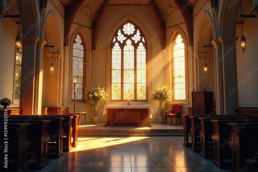 Fototapeta premium A peaceful sanctuary filled with soft light illuminating stained-glass windows and a simple altar, creating a serene atmosphere of reverence and prayer , religion, christianity, serenity