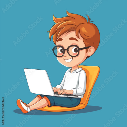 Cartoon Boy With Laptop Educational Illustration Internet Surfing