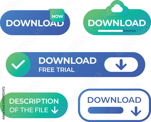 Download Button Vector Icon Set – 5 Unique Modern UI Web Elements with Arrows, Click Symbols, and Call-to-Action Designs for Mobile Apps and Website Interfaces