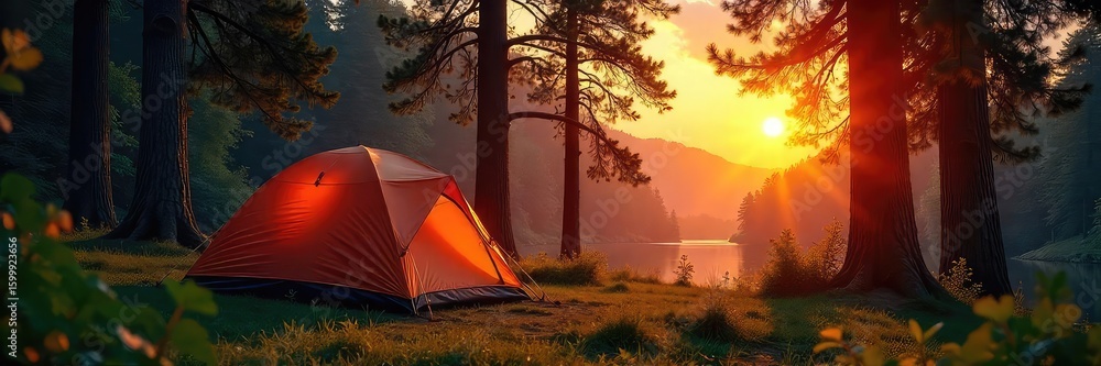Obraz premium A serene tent campground nestled amongst towering trees, bathed in the warm glow of sunset Perfect for a peaceful escape to nature , rope, landscape, light