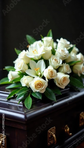 A serene arrangement of white lilies and roses, signifying peace and remembrance, rests on a dark wooden casket Perfect for sympathy, grief, loss, and remembrance imagery , loss, farewell