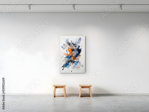 Modern Art Gallery with Abstract Painting and Wooden Stools