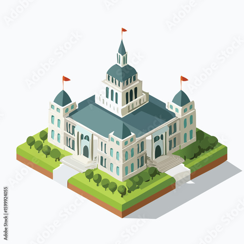 palace technical isometric vector drawing with defined edges and modern simplicity.