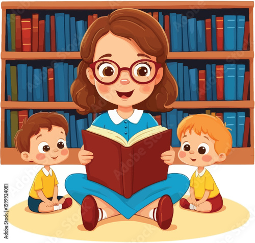 Illustration Of Teacher Reading To Children In A Cartoon Style For Educational Content