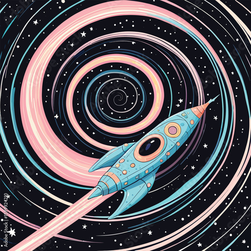 Illustrated Rocket Ship Flies Through A Colorful Galactic Wormhole In A Cartoon Style Perfect For Childrens Books And Educational Materials