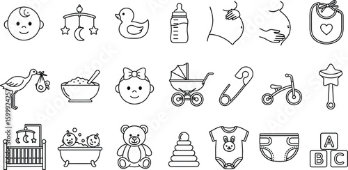 Collection of stylized baby care icons including a stork, crib, stroller, and toys