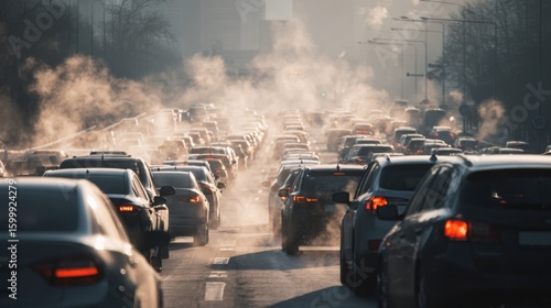Heavy traffic congestion on a city road during rush hour with visible exhaust fumes contributing to air pollution.