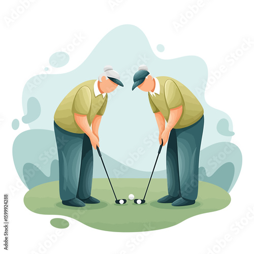 Two elderly men in hats are playing golf, focused on putting a ball on a green course with a light blue background.