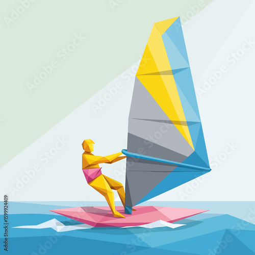 Geometric illustration of a windsurfer riding a pink board with a yellow and blue sail on blue water.