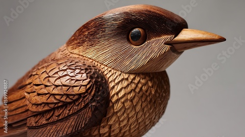 Wooden bird carving art sculpture avian animal figurine handcrafted detail brown wood art 