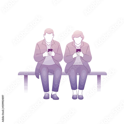 Two faceless figures, a man and a woman, sit side-by-side on a bench, each absorbed in their mobile phones.