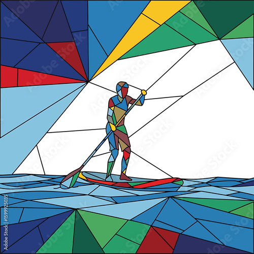 Abstract stained glass illustration of a person paddleboarding on water, composed of colorful geometric shapes and lines.
