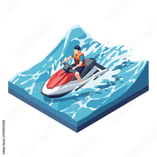 Isometric illustration of a man riding a jet ski on blue water with a wave, wearing a life vest.