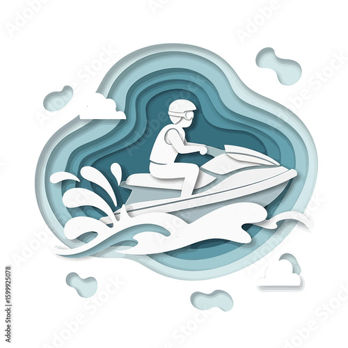 A paper-cut style illustration of a person riding a white jet ski on layered blue water, wearing a helmet and life vest.