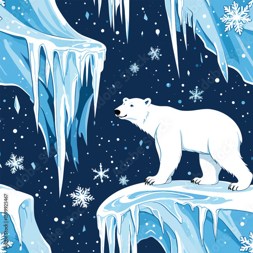 Polar Bear on Iceberg - Arctic Wildlife Cartoon Illustration for Winter Designs, Holiday Graphics, and Nature Education Resources depicting a bear alone in the frozen landscape.