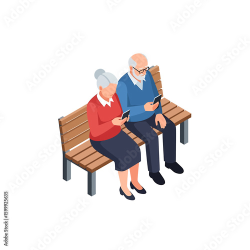 Isometric illustration of an elderly couple sitting on a park bench, each looking at their smartphones.