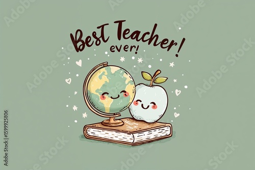 Adorable  illustration of a smiling globe and apple with books and the text Best Teacher Ever for World Teachers’ Day