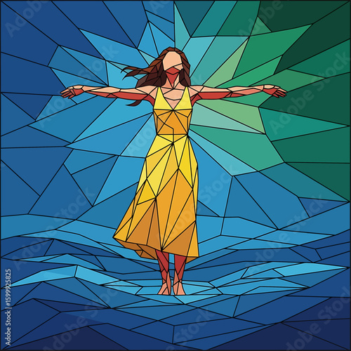 Geometric illustration of a woman in a yellow dress with arms outstretched against a blue and green polygonal background.