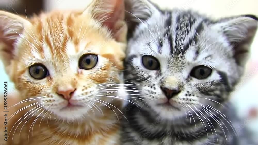 Two kittens, orange and tabby, indoors, close-up, blurred background, pet adoption Two kittens, orange and tabby, indoors, close-up, blurred background, pet adoption