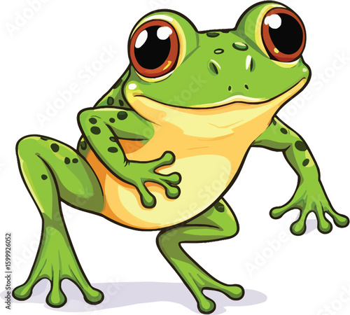 Cartoon Illustration of a Cheerful Green Frog Standing Alone on White Background, ideal for children's educational material and funny animal illustration projects.