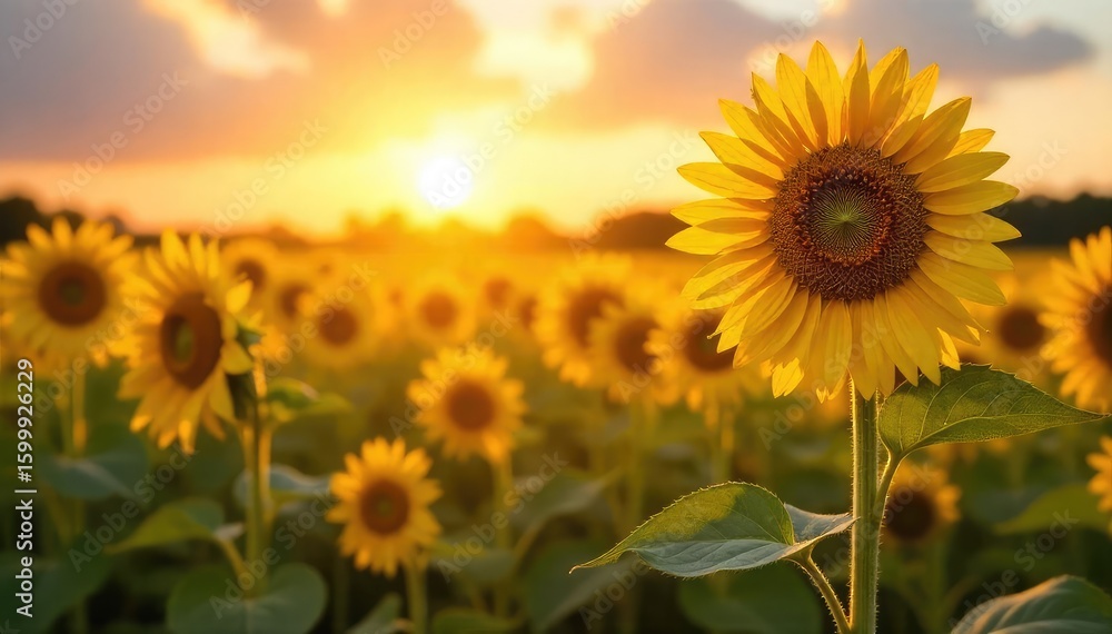 Obraz premium Golden hour sunlight illuminates a vibrant, sun-drenched field of sunflowers, swaying gently in a warm breeze; a scene of pure, unadulterated joy and summer bliss , growth, hope, tranquil