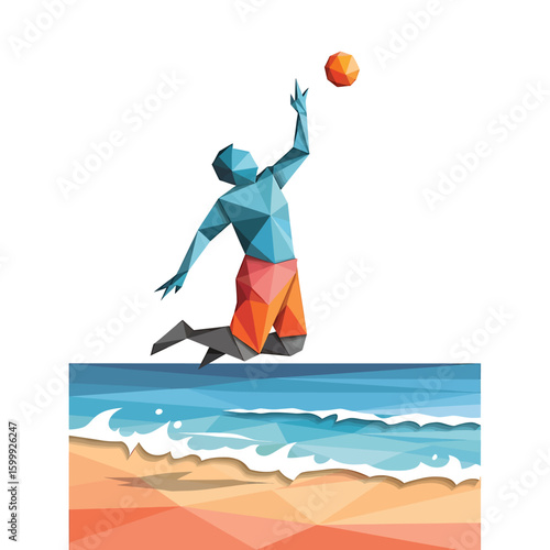 Abstract polygonal illustration of a man jumping to hit a ball on a beach with waves.