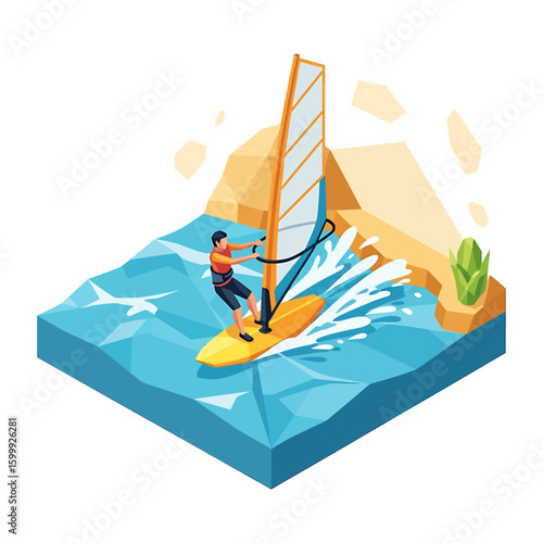 Isometric illustration of a man windsurfing on a yellow board in blue water, with a sail, against a stylized coastal landscape.
