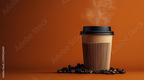 Steaming cup of coffee in brown paper cup with black lid is surrounded by coffee beans against orange background, creating warm and inviting atmosphere