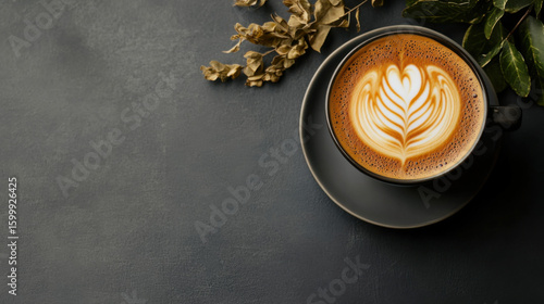 Beautifully crafted latte with intricate foam art sits in dark cup on textured surface, surrounded by dried leaves, creating warm and inviting atmosphere