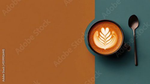 Beautifully crafted latte with intricate latte art sits in black cup on split background of brown and teal, accompanied by spoon. contrasting colors enhance coffee presentation