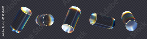 Set of 3d transparent glossy cylinders with dispersion effect. Rainbow colors reflection glass. Vector illustration.