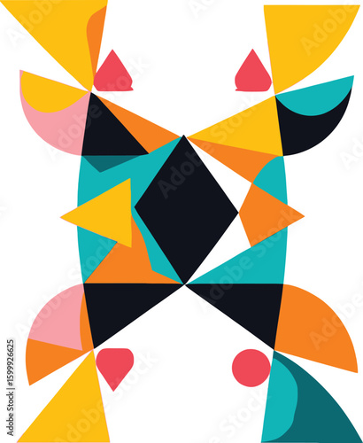 Abstract Geometric Shapes Composition: A vibrant and dynamic design featuring triangles, circles, and diamond shapes in a modern and colorful arrangement, perfect for backgrounds, illustrations, and