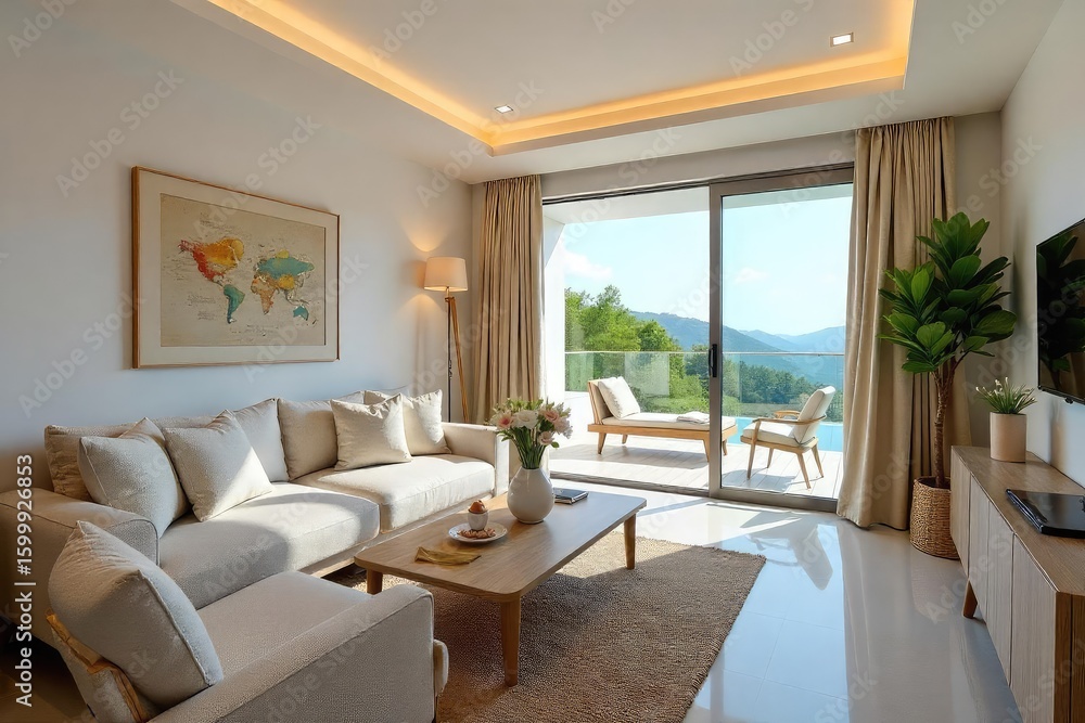 Fototapeta premium Luxury townhouse holiday villa, ideal for family getaways Spacious living area, private patio, fully equipped kitchen, and stunning views Perfect for a relaxing vacation , relaxation, townhouse