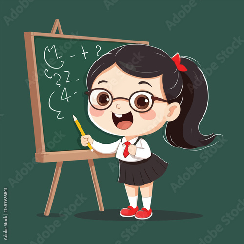 Cartoon Student at Chalkboard - Cheerful Illustration for Education, School Supplies and Learning Resources, Featuring a Young Girl Explaining Math Problems with Enthusiasm