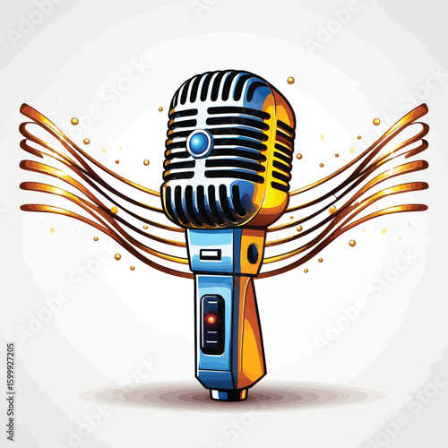 Vintage Microphone Illustration with Artistic Flair: Stylized rendering of a classic microphone, accented by fluid golden lines and shimmering spheres, ideal for music or performance themed designs.