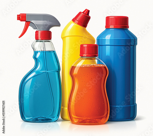 Colorful plastic spray bottles for cleaning household liquids isolated on white