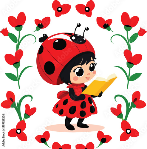 Cute cartoon illustration of a little girl dressed as a ladybug reading a book, surrounded by red poppy flowers in a whimsical design for children's books and educational resources.