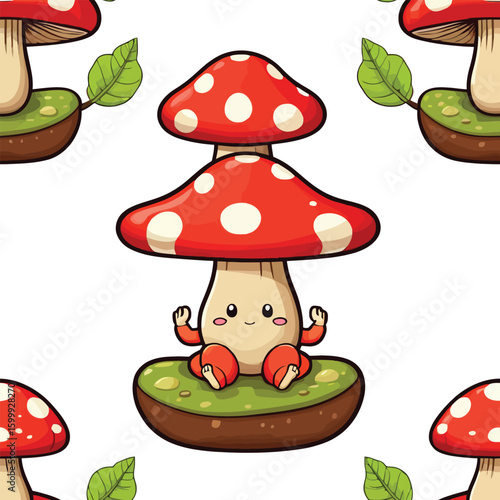 Cartoon Mushroom Meditating Seamless Pattern - Cute Fungi Background for Children's Designs, Wallpaper, and Playful Illustrations