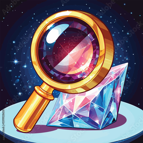 Gemstone Discovery - Magnifying Glass Examining a Diamond for Educational Materials and Conceptual Illustrations of Investigation and Value