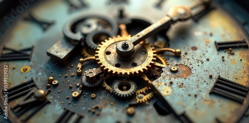 Close-up of a broken clock mechanism, gears scattered, highlighting the concept of power lost through failure and the potential for repair or rebuilding , detail, antique