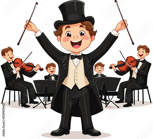 Cartoon Illustration of an Orchestra Conductor Leading Violinists - Classical Music Concert for Children's Books and Educational Materials