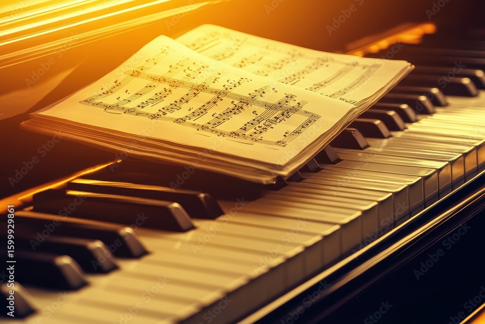 Fototapeta premium Sheet music rests on a grand piano keyboard.