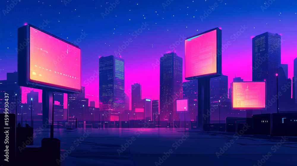 Naklejka premium Neon city skyline at night with large illuminated billboards