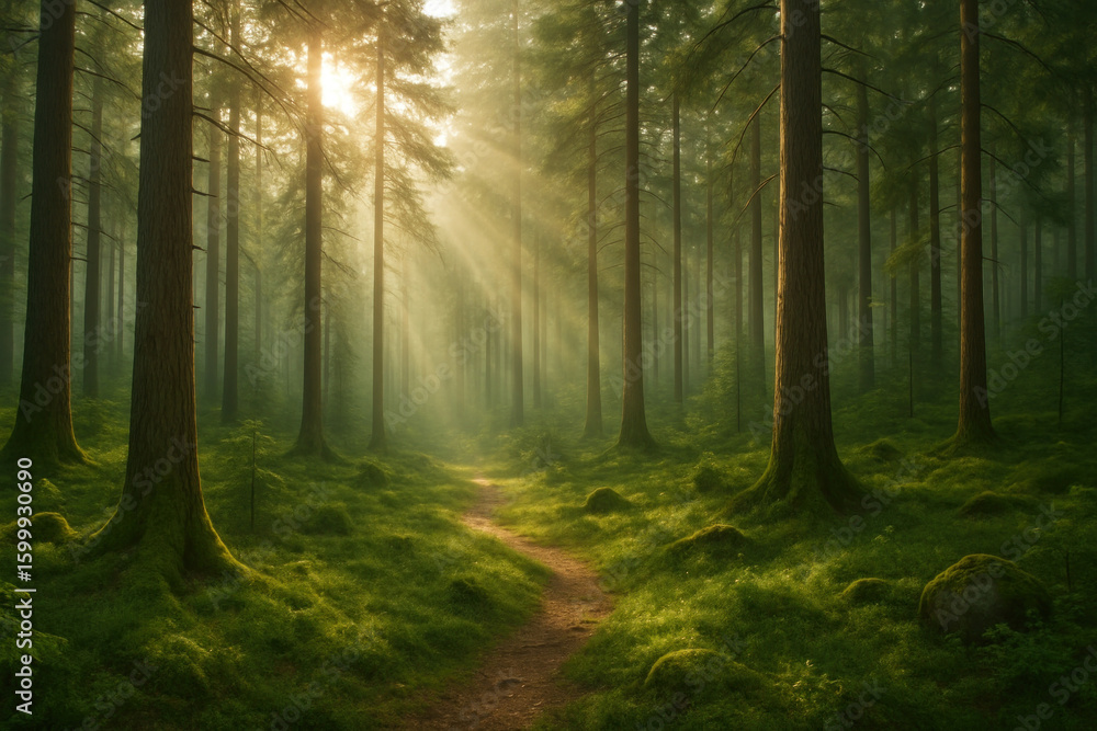 Fototapeta premium Sun shining through trees along forest path.