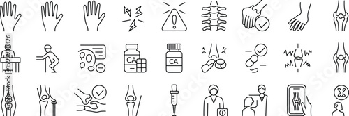 Orthopedic and joint health icon set – bones, knees, arthritis pain, physical therapy, hand joints, calcium supplements, x-rays